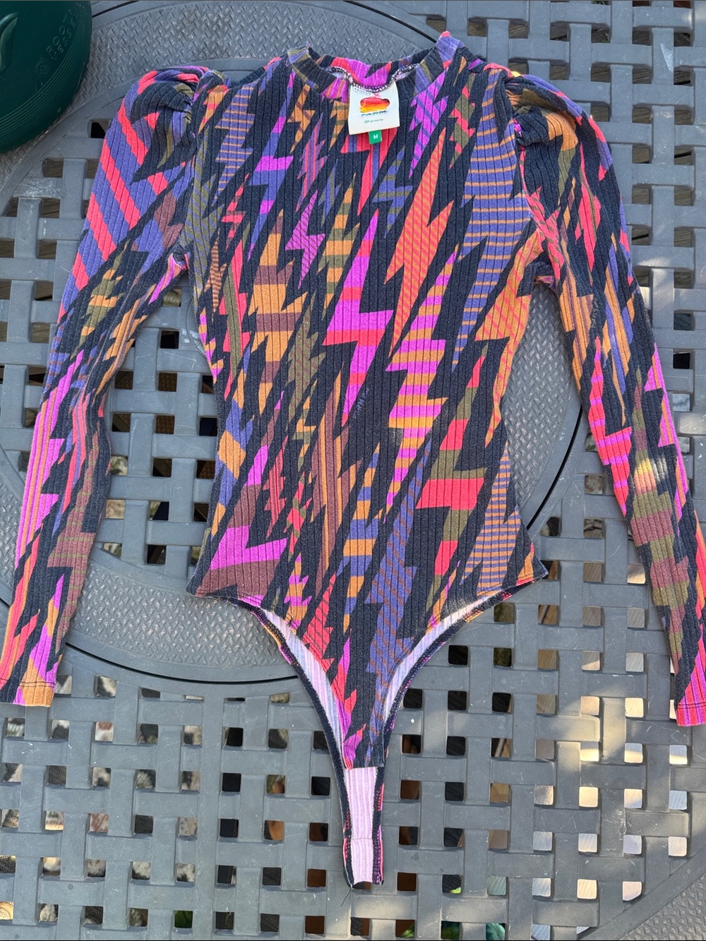 FARM Rio Vibrant Lightning-Print Long Sleeve Bodysuit — Pink, Orange, Black